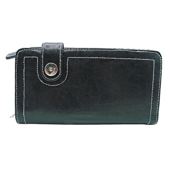 Vintage Double Full Zip Wallet Black Snap Closure Calculator Tons Card ID Slot - Picture 1 of 12